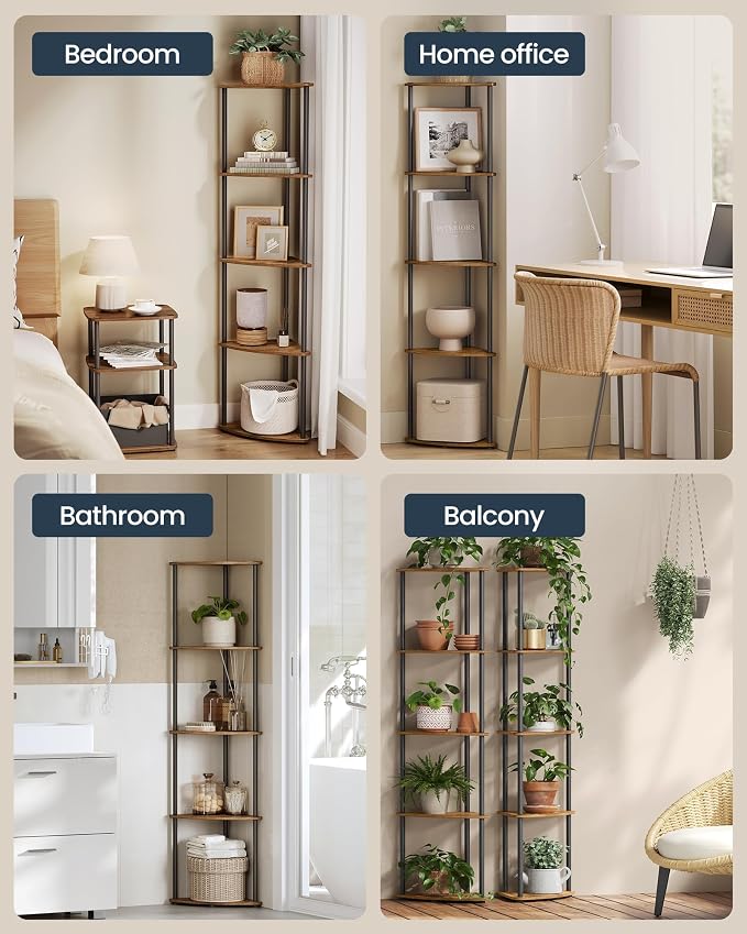 SONGMICS HOME Superfast Toolless Assembly, Corner Shelf Stand, 5-Tier Corner Standing Shelf, Living Room, Bedroom, Kitchen, 15 x 10.6 x 54.7 Inches, Rustic Brown ULBC610K01