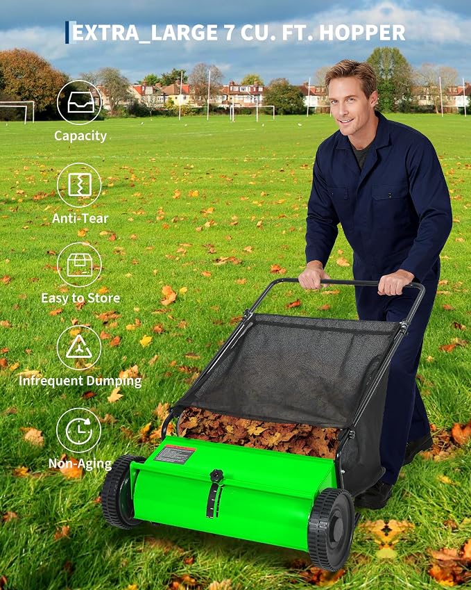 26 Inch Push Lawn Sweeper, 7 Cu.ft Large Capacity Leaf Collector with 4 Spinning Brushes, Adjustable Height Heavy Duty Steel Frame Lawn Sweeper with Rubber Wheels for Yard Garden Grass Leaves Debris