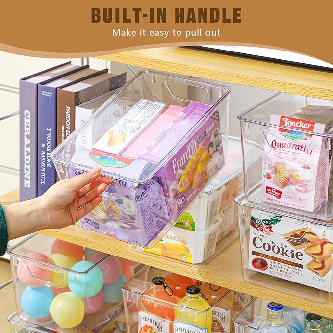 Freebat 6 Pack clear storage bins with lids, 7 Quart pantry organizer bins | stackable Plastic Storage Containers, pantry Organization for Office, Bedroom, cabinet, Fridge,Kitchen Organization
