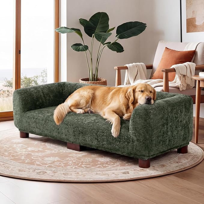 Dog Couch Sofa for Large & Extra Large Dogs, Elevated Pet Bed with Legs, Button Tufted Chenille Dog Couch with Backrest and Armrests, Modern Indoor Dog Furniture(Green, XXL - 55" x 28" x 15")