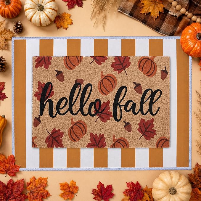2pcs Hello Fall Doormats with Pumpkins Leaves Pattern Layered Autumn Front Porch Welcome Mat and Striped Crystal Velvet Layering Rug Non Slip Outdoor Entryway Flooring Decor for Thanksgiving