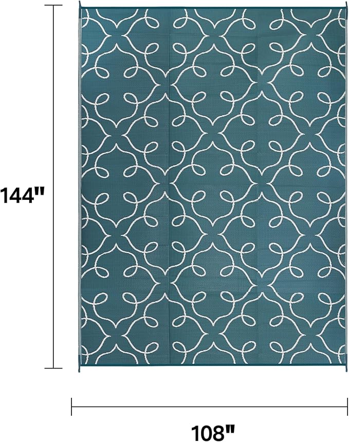 FH Home Outdoor Camping Rug - Waterproof, Fade Resistant, Reversible - Premium Recycled Plastic - Moroccan Lattice Tile - Large Patio, Deck, Sunroom, RV - Syracuse - Sea Green - 9 x 12 ft Foldable