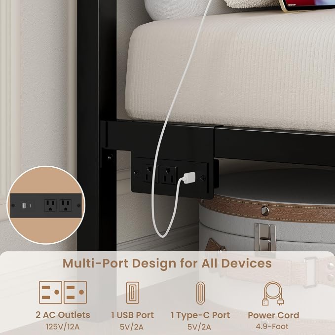 LIKIMIO Twin Bed Frames with Storage Drawer, Lights & Charging Station | Modern Platform Twin Bed Frame with 43" Headboard, Strong Supports, No Box Spring Needed, Easy Assembly, Noise-Free, Black