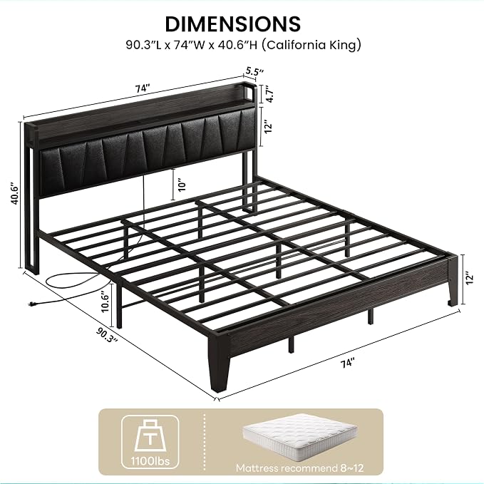 LIKIMIO California King Bed Frame, PU Leather Storage Headboard with Charging Station, Solid and Stable, Noise Free, No Box Spring Needed, Easy Assembly, Black