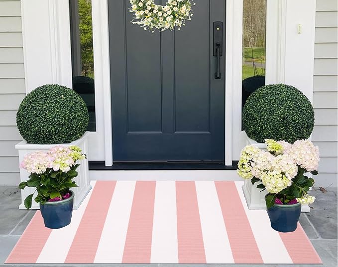 Striped Area Rug 27.5"x43",Pink White Farmhouse Front Porch Rug Cotton Woven Washable Entryway Rug Indoor Outdoor Front Door Mat for Porch/Entryway/Home Entrance Decor