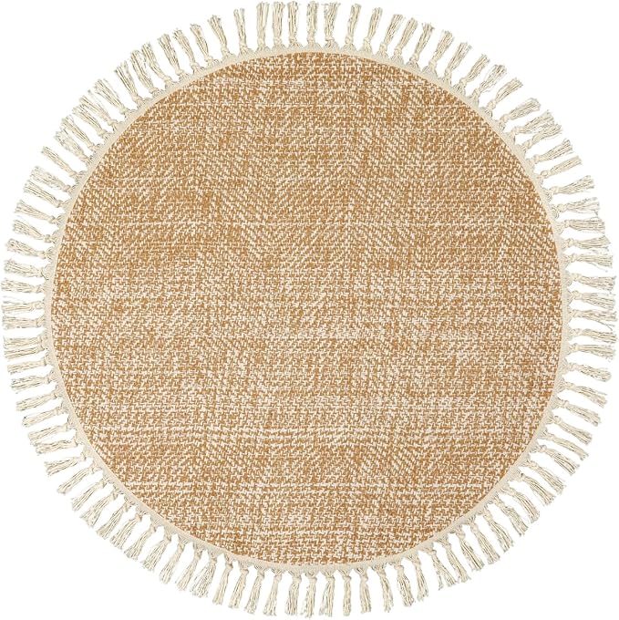 Collive Hand Woven Round Area Rug Soft Cotton Machine Washable Carpet 3ft Farmhouse Rugs with Tassels, Tan/Cream Circle Rugs for Bedroom Living Room Dining Room Table Office