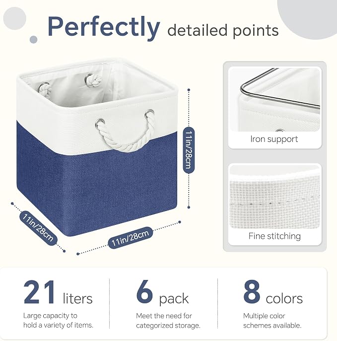FinishingBo 11 inch Cube Storage Bin with Handles 6 Pack | Foldable Basket, Fabric Storage Bins, Closet Storage, Home Organizer (White/Navy Blue)