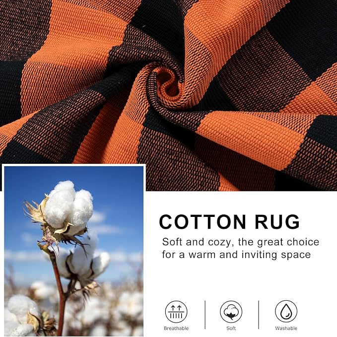 Collive Buffalo Plaid Checkered Outdoor Rug, Black and Orange Halloween Fall Decor Door Mat, 2x4.3 Front Porch Rug, Washable Cotton Welcome Mat Layered Doormat Outside Entrance for Kitchen Entryway