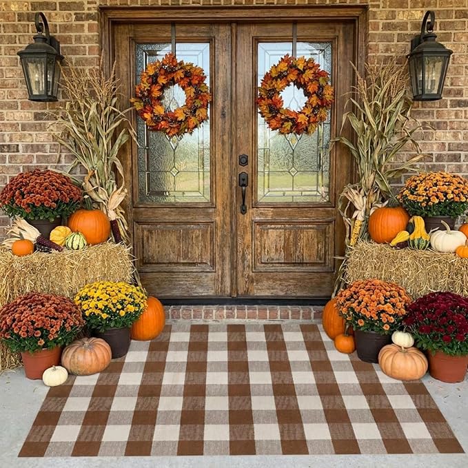 SEEKSEE Buffalo Plaid Rug 4' x 6' Coffee and White Large Front Door Mat, Layering Area Rug, Fall Rug for Outdoor Patio Entryway Indoor Living Room Kitchen Dining Room Decor