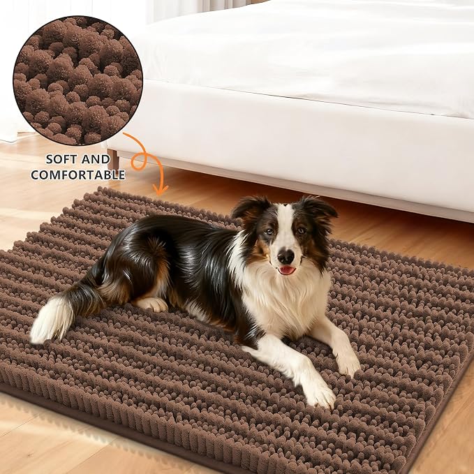 Smiry Dog Door Mat for Muddy Paws 24x16, Absorbent Dirt Trapper, Non-Slip Washable Chenille Entryway Rug for Inside Floor, Mocha, Layered Pattern