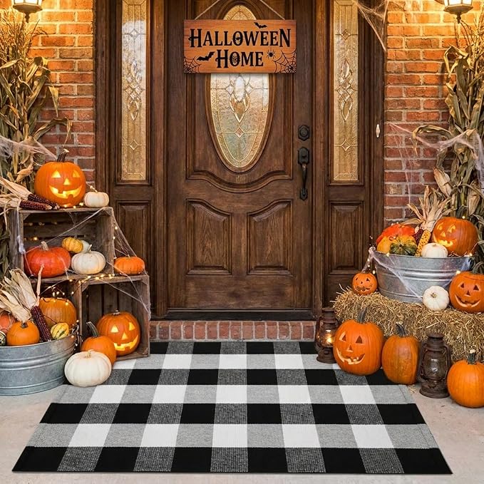 SEEKSEE Buffalo Plaid Outdoor Rug 27.5x43 Black and White Front Door Mat, Layering Rug for Porch, Washable Doormat, Cotton Area Rug for Outdoor Entrance Entryway Patio Porch Decor