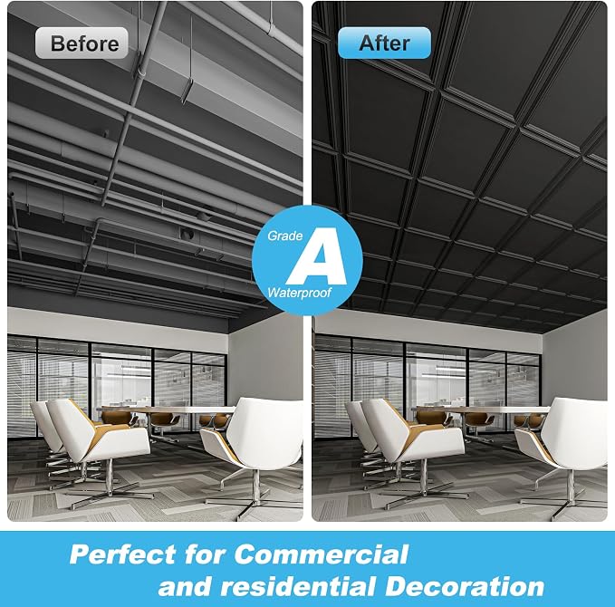 Art3d Drop Ceiling Tiles 48x24, Decorative PVC Ceiling Panels, Waterproof Rustproof and Durable 12-Pack, Glue Down, Rectangular Black