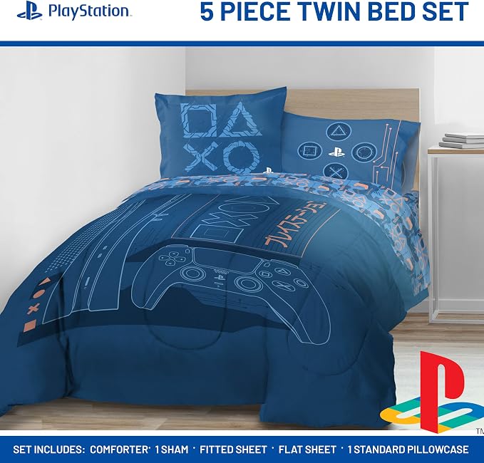 Jay Franco Kids Bed Set, Blue, PlayStation, 5 Piece Twin | Cozy Soft Bedding for Stylish Room Décor with Comforter, Sheets & Pillow Covers
