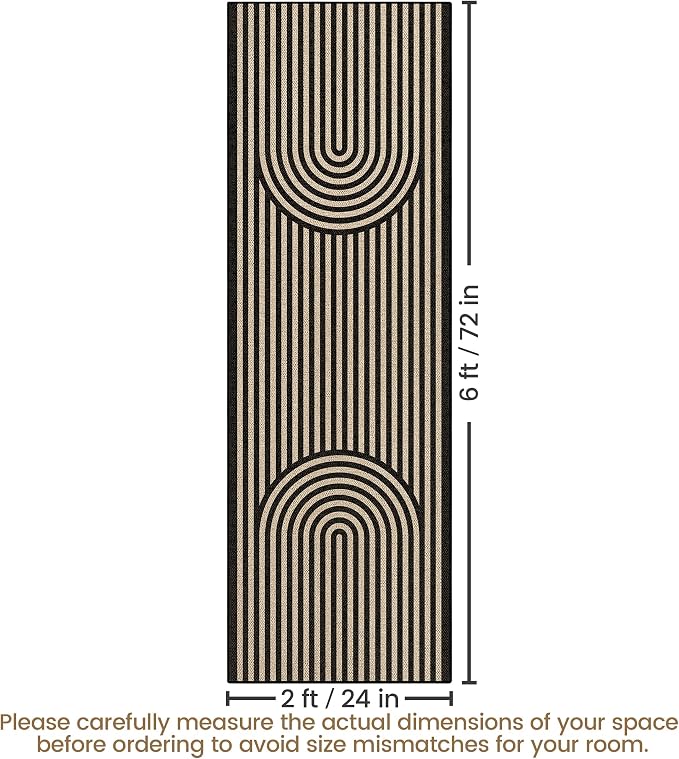 Washable Rainbow Easy Jute Runner Rug 2x6, Black Neutral Modern Boho Geometric Outdoor Indoor Patio Rug, Woven Non Slip Thin Long Runner Carpet Mat for Hallway Kitchen Entryway Porch Farmhouse