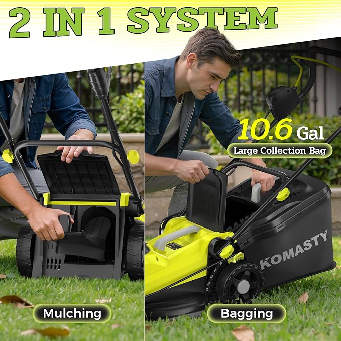40V Electric Lawn Mower 16" Cordless Battery Powered Mower, 2 in 1 Mulching Lawnmower with 5-Position Height Adjustment 10.6 Gallon Bag, Small Push Lawn Trimmer, 2X4.0Ah Battery and 2 Chargers