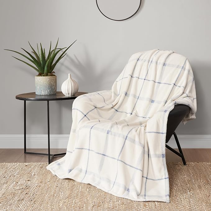Lucky Brand Palmdale White with Light Blue Plaid 50"x70" Cozy Plush Blanket - Premium Microfiber Throw for Luxurious Comfort