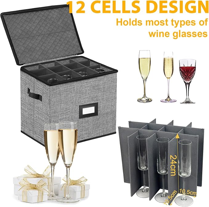 Quilted Champagne Flute Storage Box, China Storage Containers | Stemware Storage Box Hard Shell,Stackable Champagne Glass Container, Crystal Glassware, Drinkware Case for Moving Transport