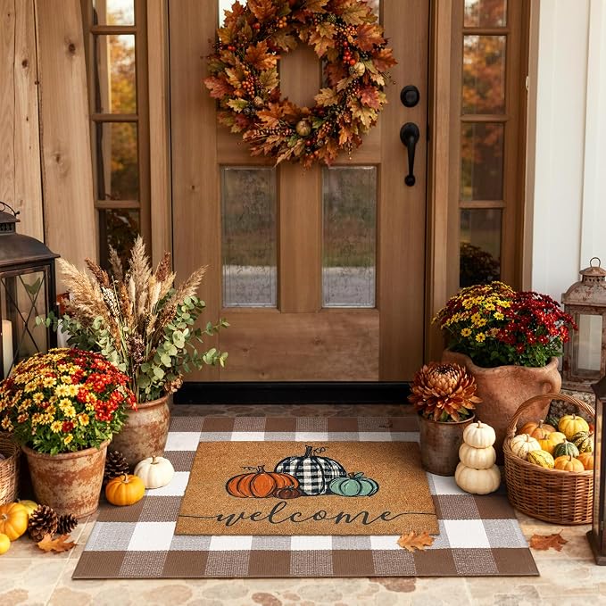 Uphome Bufflo Plaid Outdoor Rug 27.5"x43", Fall Decor Checkered Front Door Mat, Indoor Outdoor Farmhouse Cotton Porch Rug for Layered Door Mats, Washable Brown Area Rugs for Patio Entryway