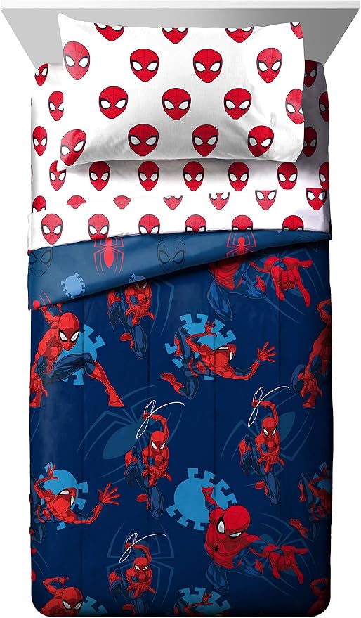 Marvel Spiderman Twin Comforter Set 4 Piece Kids Bedding for Boys, Blue | Bed in a Bag, Comforter Sheets Pillowcase, Official Product, Soft Microfiber, Machine Washable, Easy Care, Boys Gift