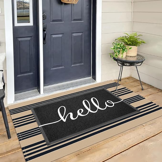 KILOCOCO Striped Rug 3x5 ft Washable Front Door Outdoor Rug, Brown Black | Cotton Layered Doormats, Washable Front Porch Rug, Woven Low Pile Welcome Mat for Kitchen Entryway Farmhouse Patio
