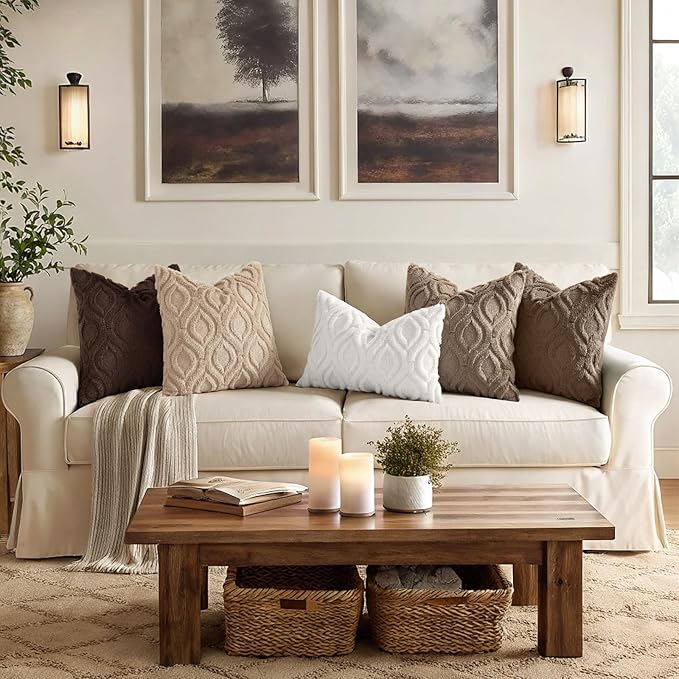 decorUhome Throw Pillow Covers 24x24 Inch Set of 2, Soft Plush Faux Wool Brown Solid Couch Pillow Covers, Accent Euro Sham Farmhouse Neutral Square Pillow Cases for Sofa Bed Living Room