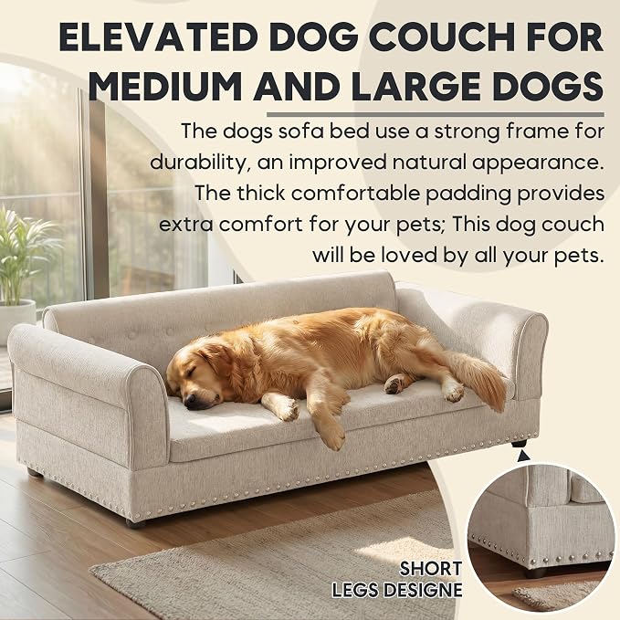 55" Dog Sofa for Medium to Large Dogs, Button Tufted Dog Couch Bed with Backrest and Armrests, Durable Memory Foam Pet Bed, Removable Cushion for Medium and Large Dogs,Beige