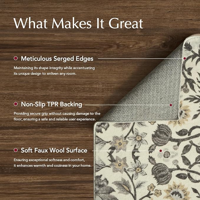 EVERGRACE Hallyway Area Runner Rugs 2x8, Boho Floral Faux Wool Indoor Outdoor Rugs, Washable Rugs for Bedroom Dining Room Living Room Kitchen, Low Pile Floor Mat Carpet for Home Decor, Gray