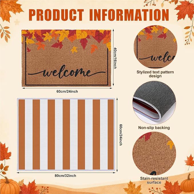 2 Pcs Fall Maple Leaves Welcome Doormats Autumn Outdoor Rug Striped Layering Porch Mats Non Slip Thanksgiving Entryway Shoe Scraper Washable Front Door Carpet Farmhouse Decorations 24x32 Inch
