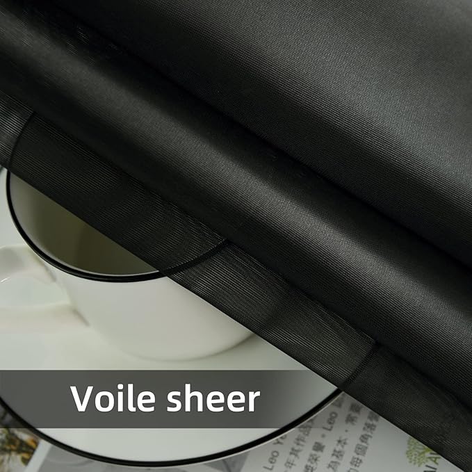 youleyar Solid Sheer Rod Pocket Curtain Voile Draperies 2 Panels White Beige Black Grey Coffee 70 Inch Width 72 Inch Long 1 Pair for Kitchen Bedroom Children Living Room Yard(Black,70Wｘ72L)