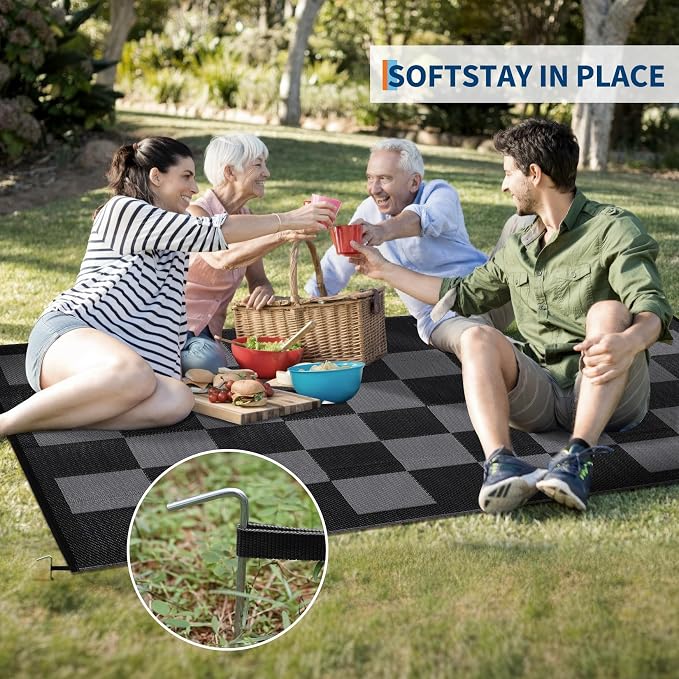 GarveeHome Large Waterproof Outdoor Rug 10 x 14 Foldable Checkboard Plastic Straw Rug, UV-Resistant Reversible Mat, Modern Geometric Plaid Woven Carpet for Picnic, Backyard, Deck, Black Gray