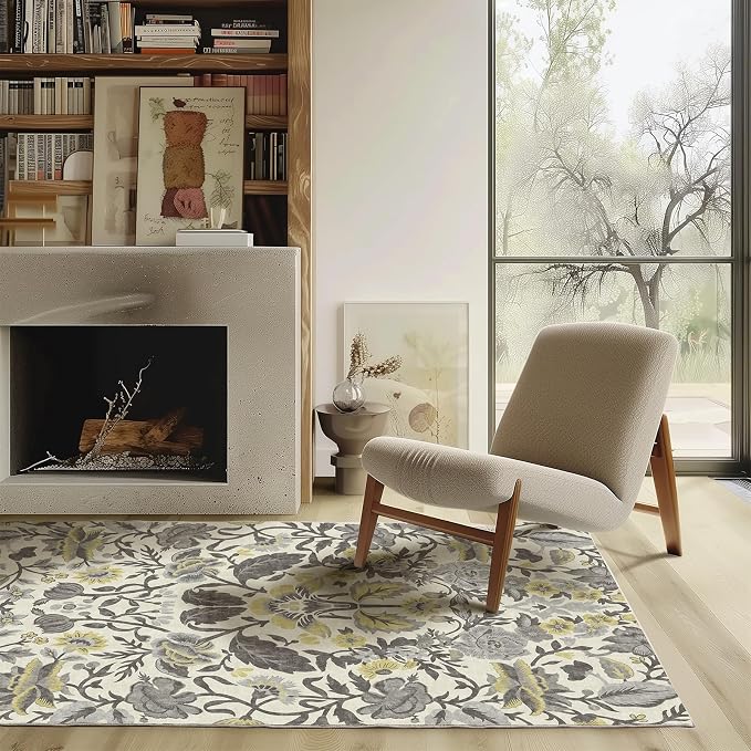 EVERGRACE Area Rugs for Living Room 4x6, Boho Floral Faux Wool Indoor Outdoor Rugs, Washable Rugs for Bedroom Entryway Dining Room Hallyway, Low Pile Floor Mat Carpet for Home Decor, Gray