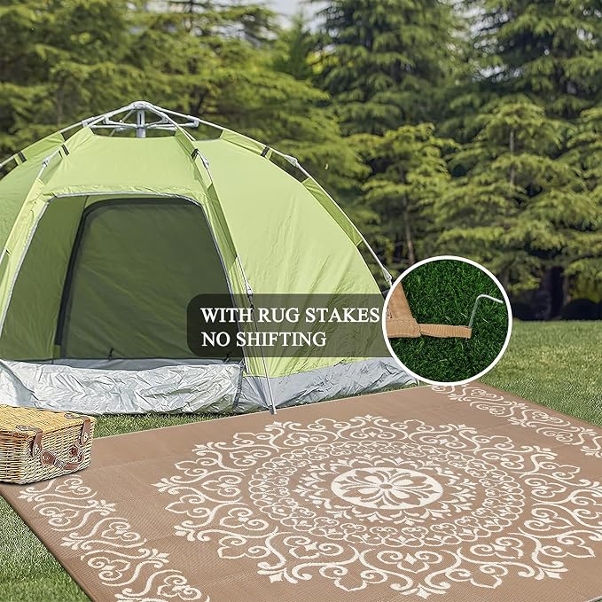 Pauwer Outdoor Rug 9x12, Waterproof Plastic Straw Camping Rug, Floral Brown | Reversible Patio Rug, UV Resistant Indoor Outdoor RV Mat Carpet For Deck, Camper, Porch, Balcony, Backyard, Picnic, Foldable