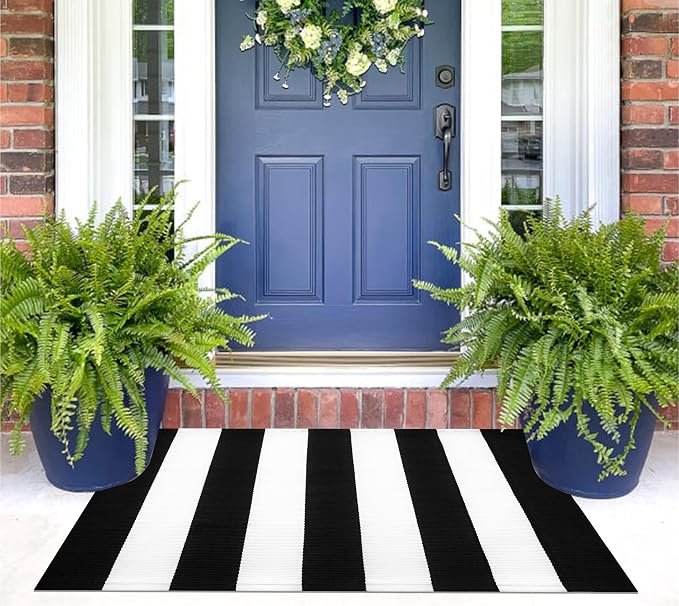 Black and White Striped Rug Doormat 24"x35" Washable Front Porch Rug Farmhouse Layered Door Mats Outdoor