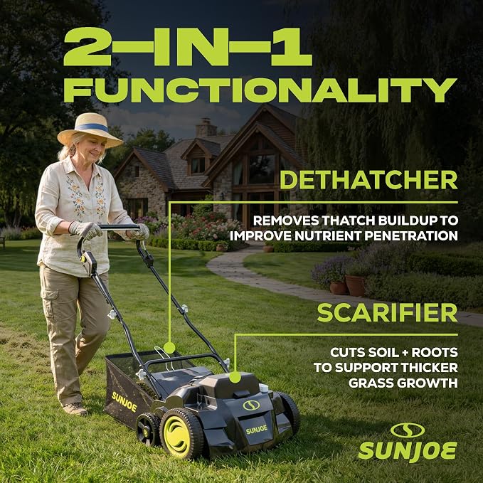 Sun Joe Cordless Scarifier & Dethatcher w/ 5 Depth Positions, 24V-X2-DTS15 | 600W Brushless Motor, 15-Inch Cutting Width - Heavy-Duty Yard Trimmer, Lawn Maintenance