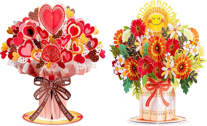 Paper Love HugePop Flower Bouquet Pop Up Cards 2 Pack - Includes 1 Heart Bouquet and 1 Happy Bouquet, Gift For Mothers Day, Birthday, Valentines Day, All Occasions - Jumbo 10" x 14" Card