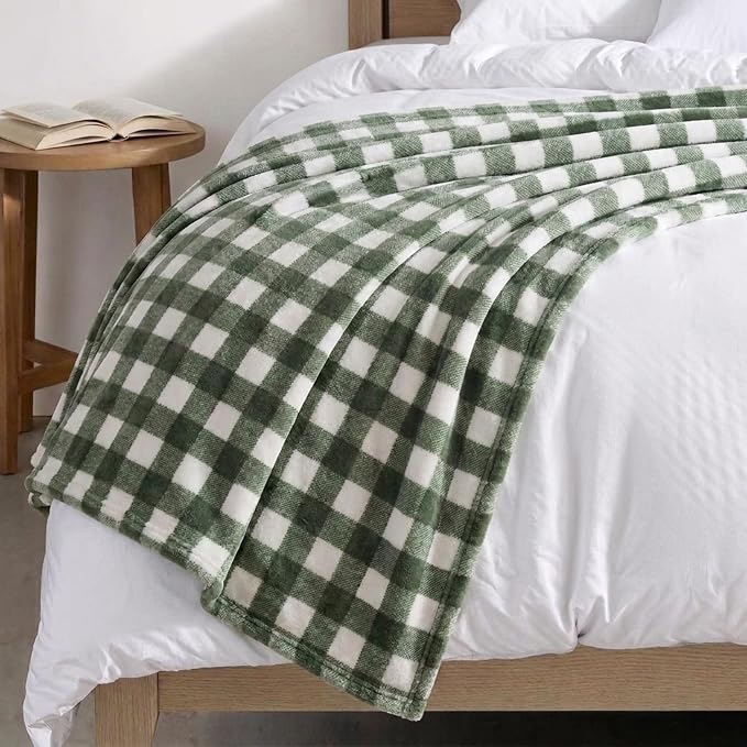Martha Stewart - Blanket, Incredibly Soft Throw Blanket for Couch or Bed, Printed Plush & Oversized Bedding (Madison Gingham Green, 60" x 70")