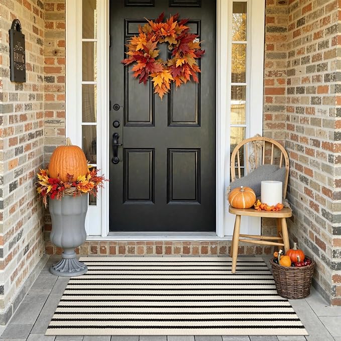 Collive Door Mat Black and White Striped Rug 27.5" x 43.3", Farmhouse Fall Front Porch Rug Reversible Washable Front Door Mats, Hand Woven Welcome Layered Doormat Carpet for Entryway Entrance