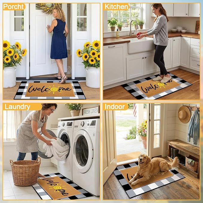 2 Pcs Summer Welcome Door Mat Set, Welcome Sun Decorative Front Door Mat and Buffalo Plaid Rug, Washable Entryway Rug for Outdoor Indoor Home Farmhouse Porch Decor, 16x24 and 24x32 Inch