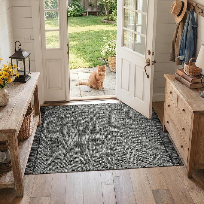 Collive 3' x 5' Indoor Outdoor Rug, Modern Farmhouse Entryway Rug Boho Porch Rugs, Black Hand-Woven Washable Kitchen Mats Front Door Mat for Patio Bedside Nursery Decor