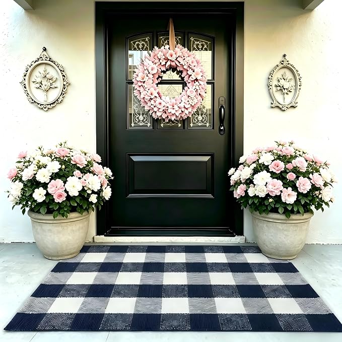 Navy Blue and White Buffalo Plaid Rug 2'4'' x 3'7'', Washable Farmhouse Non-Slip Checkered Doormat, Indoor Outdoor Floor Mat for Living Room, Bedroom, Entryway, Kitchen, Laundry Room