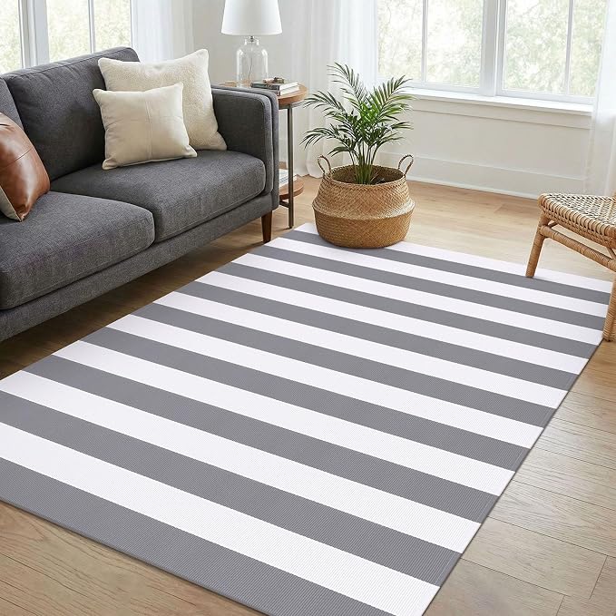 KOZYFLY 4x6 Striped Rug Front Door Rug Gray White Cotton Woven Washable Indoor Outdoor Rugs Entrance Layered Doormat for Front Porch Kitchen Patio Farmhouse