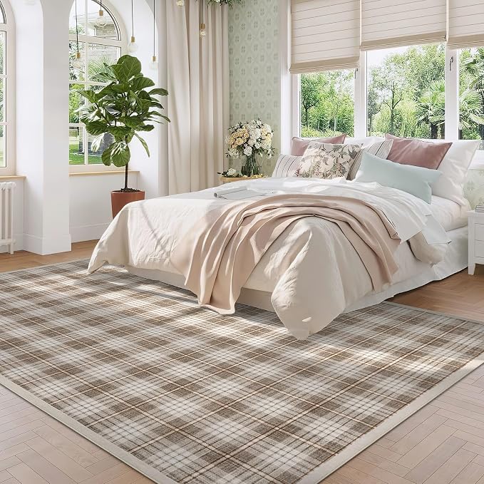 GarveeHome Living Room Checkered Area Rugs 6x9, Machine Washable Non Slip Backing Rug, Stain Resistant Low-Pile Indoor Carpet for Bedroom Dining Room Office Nursery Beige