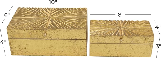 CosmoLiving by Cosmopolitan Wood Geometric Decorative Box Decorative Keepsake Boxes with Hinged Lid, Set of 2 Storage Boxes 10", 8"W, Gold