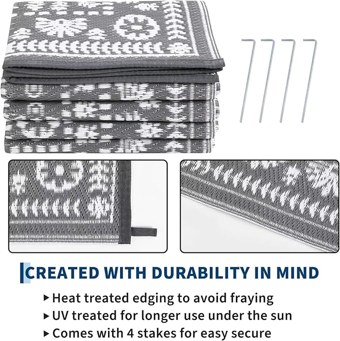 Garvee Reversible Outdoor Rug 6x9 for Patio, Waterproof Outdoor Area Rug, Modern Medallion Indoor Outdoor Rugs, Plastic Straw Rug for RV, Camping, Deck, Vintage Grey