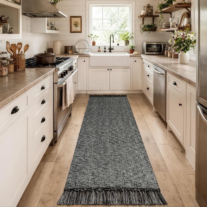 Collive Rug Runners for Hallways, Boho Washable Kitchen Runner Rugs 2.6' x 10' Farmhouse Indoor Entry Hall Carpet, Black Modern Hand Woven Bathroom Runner Carpet for Bedroom Entrance Porch Decor