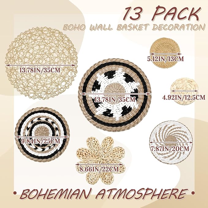 Glenmal 13 Pcs Boho Wall Basket Decor Set Woven Rattan Seagrass,Bohemian