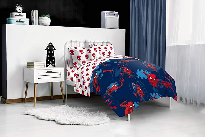 Marvel Spiderman Full Size Comforter Set 5 Piece Kids Bedding, Blue | Bed in a Bag, Comforter Sheets Pillowcases, Official Product, Soft Microfiber, Machine Washable, Easy Care, Boys Gift