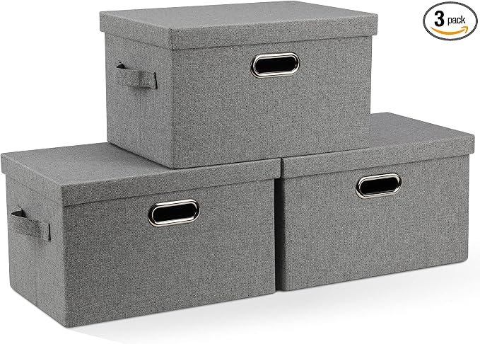 Graciadeco Medium 15" 21 Quart Collapsible Stackable Storage Bins with Lids, 3 Packs Grey Foldable Fabric Closet Boxes Heavy-duty Linen Cube Baskets Container for Bedroom Office (15 x 11 x 8) | 21 Quart 3 Pack Gray1 Collapsible Stackable Linen Fabric 4...