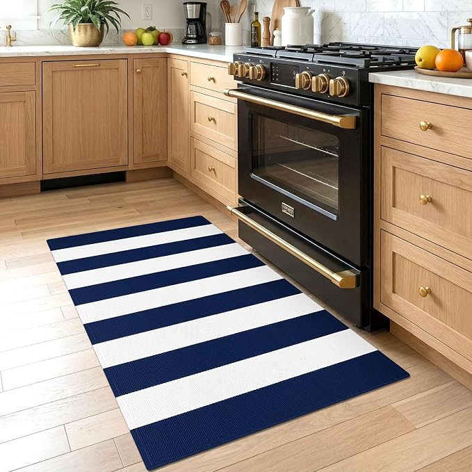 KOZYFLY Striped Rug 2.3x3.6 ft Navy White Front Door Rugs Cotton Woven Washable Indoor Outdoor Rug for Entryway Porch Kitchen Patio Decor Striped Layered Doormats