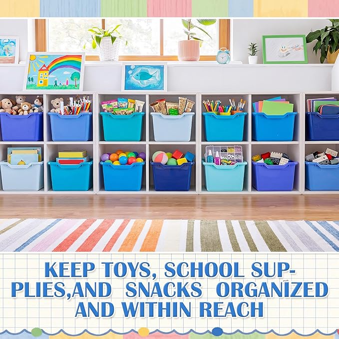 Dandat 32 Pcs Plastic Book Bins for Classroom Library Cubby Bins Scoop Front Stackable Toy Storage Tubs Containers for School Office Home Nursery Playroom Organization (Blue Series)